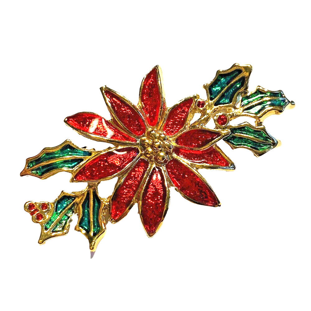 Vintage Christmas Brooch Festive Holiday Pin Red Poinsettia & Greenery Enamel